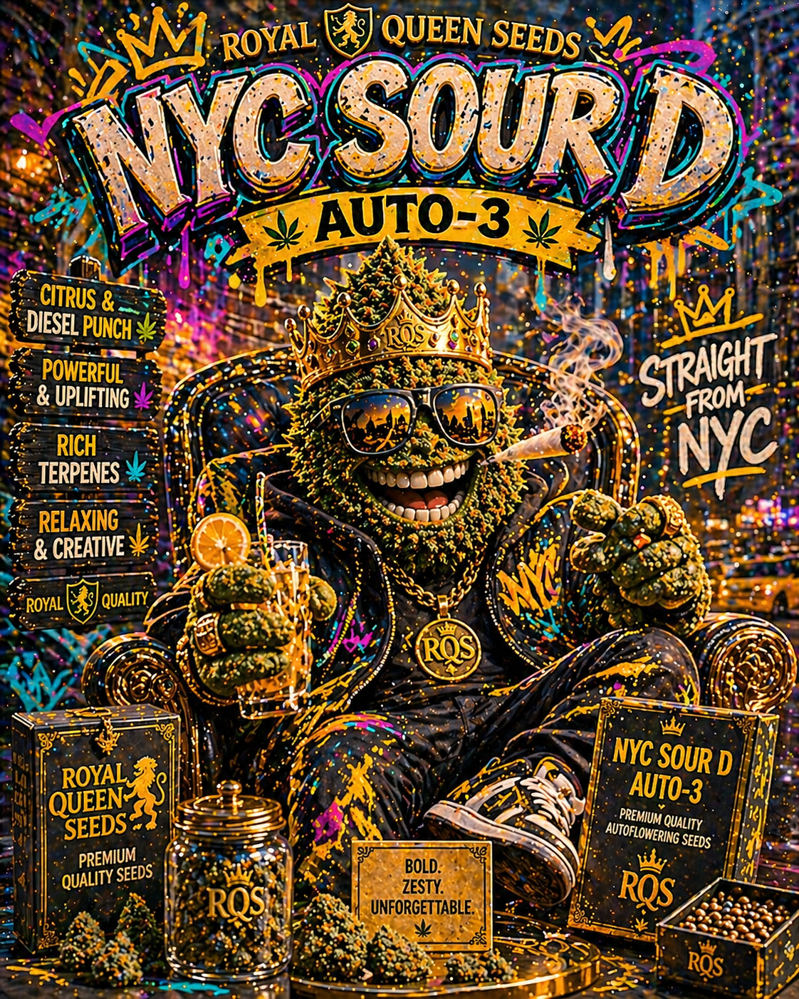 Royal Queen Seeds NYC Sour D Auto – Legendäre Diesel-Genetik mit modernem Autoflower-Speed (3 Samen)