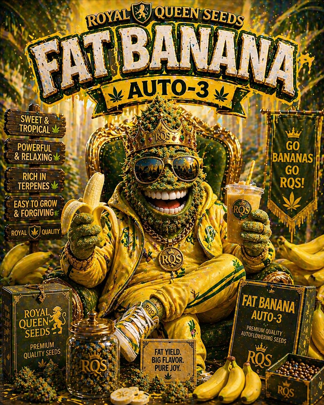 Royal Queen Seeds Fat Banana Auto – Fruchtige Indica-Power mit maximaler Entspannung (3 Samen)
