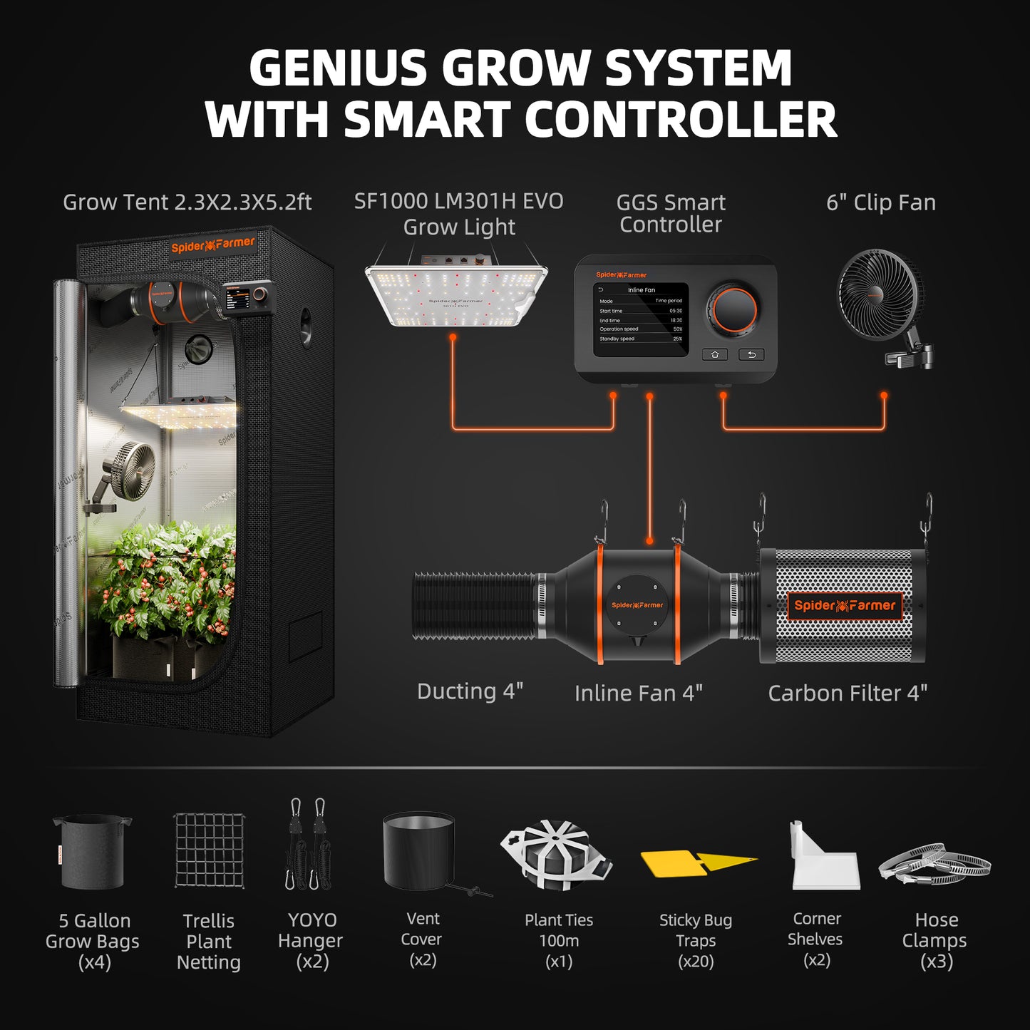Spider Farmer SF-1000 CP 70x70x160 cm Komplettset mit Controller | LED Grow Kit 100W Vollspektrum + Smart Control