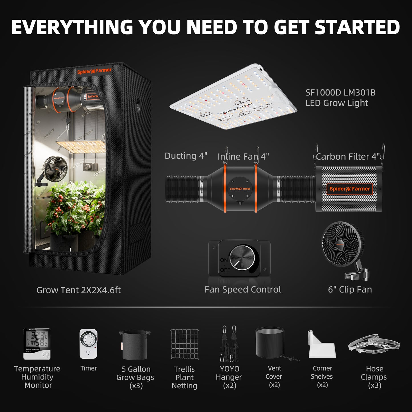 Spider Farmer SF-1000D 70x70x160 cm Komplettset Growbox | LED Grow Kit 100W Vollspektrum