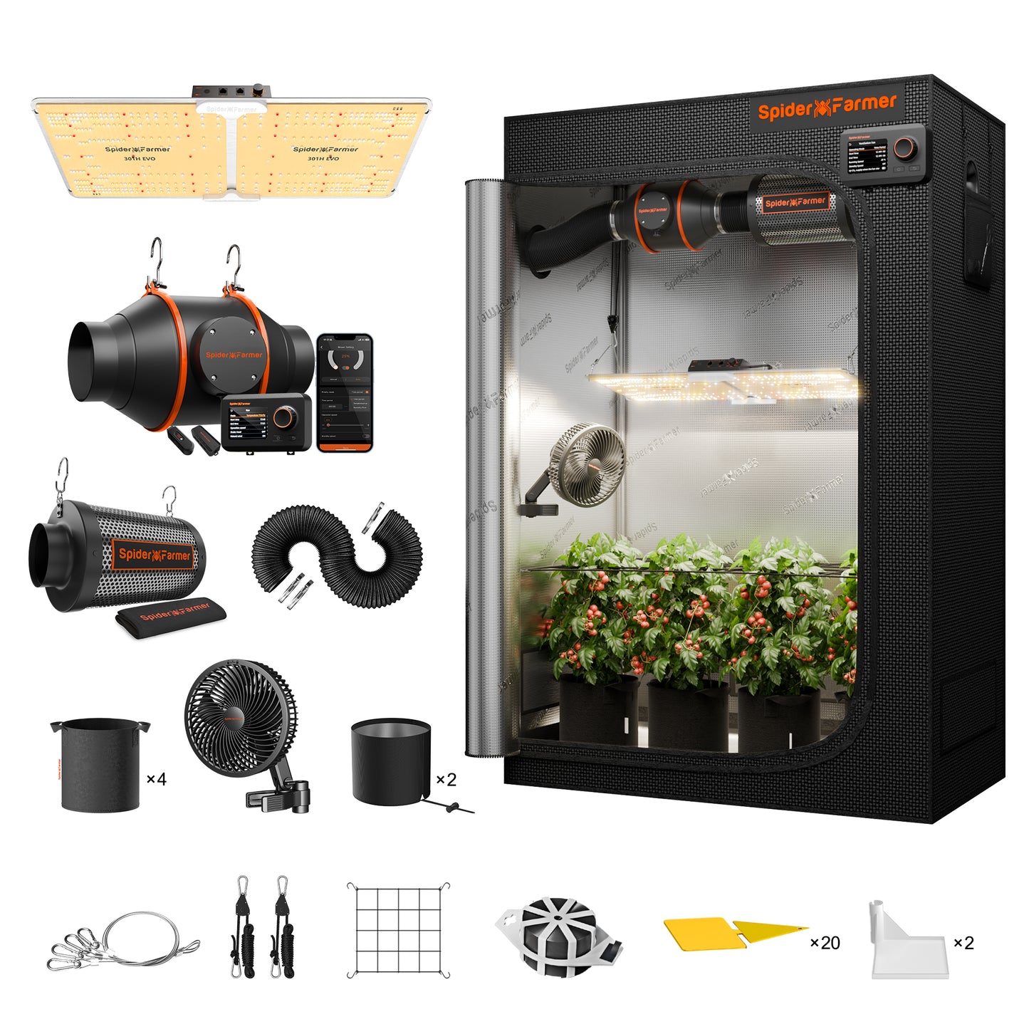 Spider Farmer SF-2000 CP 120x60x180 cm Komplettset mit Controller | 200W LED Grow Kit Vollspektrum + Smart Control